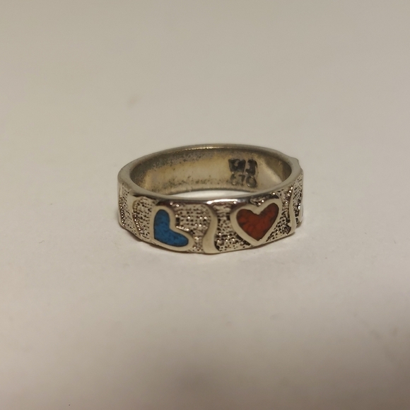 Vintage Silver Ring Crushed Turquoise & Coral Hearts Ring Size 7 Signed - Picture 4 of 11